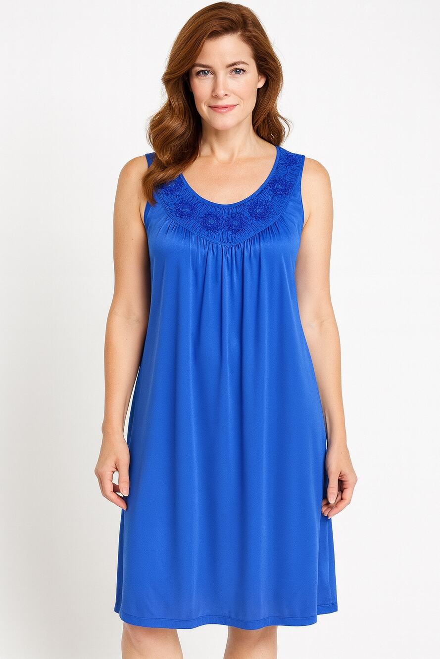 Cozee Corner Royal Blue Sleeveless Nightgown Floral Neckline Size Large grandma